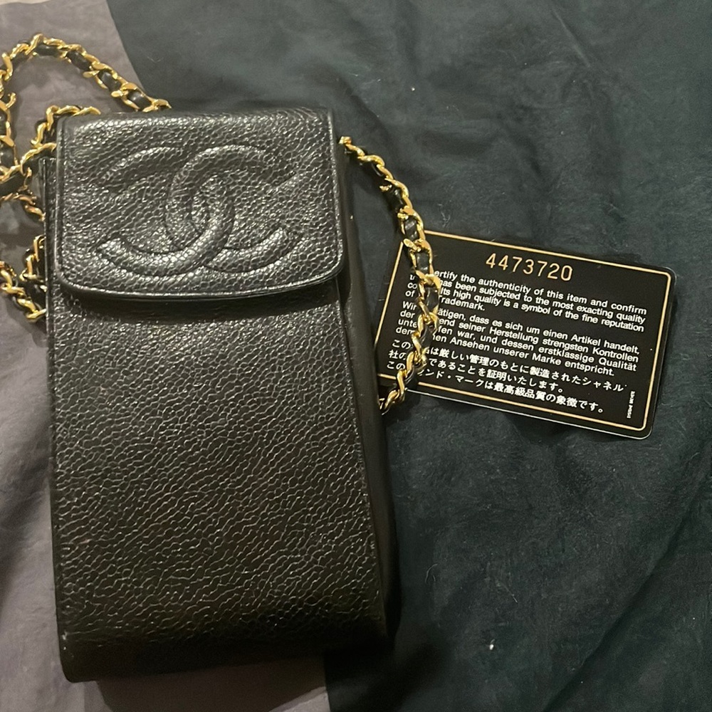 Vintage RARE Chanel Black Caviar Phone Holder